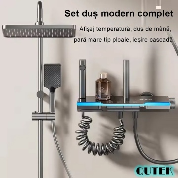 Set de dus QUTEK DeLuxe cu para dreptunghiulara, afisaj digital, iluminare led, montare perete, 4 functii de curgere a apei, dus tip ploaie, dus de mana, design modern, sistem de dus, crom - Img 4