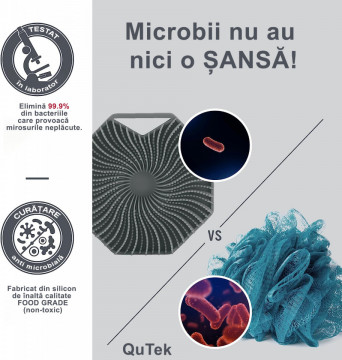Perie QuTek de corp din silicon, antimicrobian, exfoliant pentru piele sensibila, ecologica, spuma densa, gri - Img 3