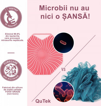 Perie QuTek de corp din silicon, antimicrobian, exfoliant pentru piele sensibila, ecologica, spuma densa, roz - Img 5