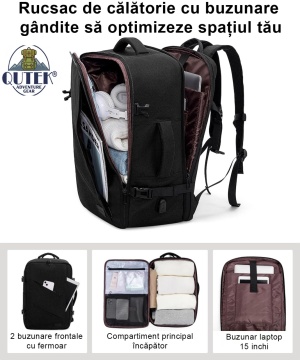 Rucsac de călătorie 30L, bagaj de cabină avion, tip troller, compatibil laptop 15.6”, unisex, negru, QUTEK - Img 6