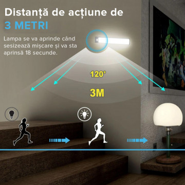 Set 2 lampi LED inteligenta cu senzor QuTek®, portabila, senzor miscare si mana, acumulator, din aluminiu, 2 moduri lucru, 32cm, argintiu - Img 4
