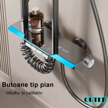 Set de dus QUTEK DeLuxe cu para dreptunghiulara, afisaj digital, iluminare led, montare perete, 4 functii de curgere a apei, dus tip ploaie, dus de mana, design modern, sistem de dus, crom - Img 5