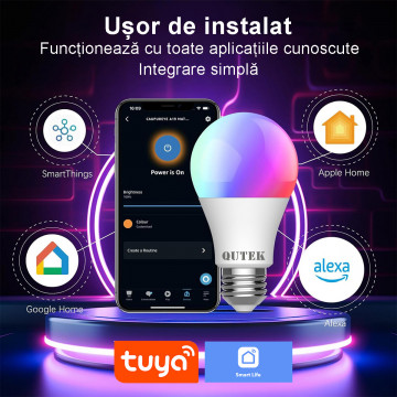 Bec LED RGB inteligent, Wi-Fi, E27, 10W, 810 lm, lumina alba si colorata, control vocal, compatibil Google Assistant, Amazon Alexa, QUTEK - Img 4