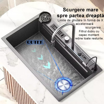 Chiuveta multifunctionala cascada, robinet extensibil, tocator, cuva, strecuratoare, modul spalare pahare, dozator sapun, robinet apa filtrata, afisaj digital temperatura, culoare negru titan, dimensiune 750x450mm - Img 5
