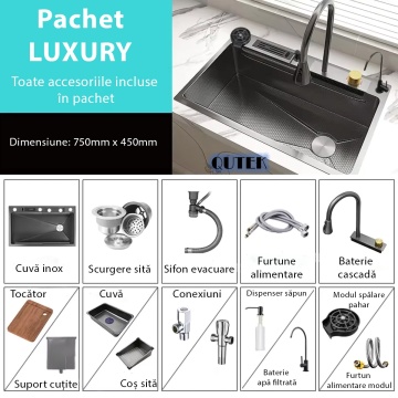 Chiuveta multifunctionala cascada, robinet extensibil, tocator, cuva, strecuratoare, modul spalare pahare, dozator sapun, robinet apa filtrata, culoare negru titan, dimensiune 750x450mm - Img 2