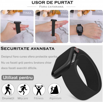 Curea silicon LQT solo loop , pentru Apple Watch 3/2/1, Display 38/40/41 mm, 145 mm sau 165 mm, Negru - Img 4