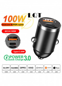 Incarcator Auto Bricheta Mini LQT® SuperFastCharge 100W, USB-A 100W + USB Tip C PD 15W Incarcare Rapida, Compatibilitate Universala, Apple, Samsung, Huawey, Xiaomi, Google, Tableta, Corp Metalic, 12V/24V, Negru - Img 1