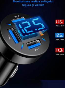 Incarcator Auto Inteligent LQT Premium 66W, 1 USB QC3.0 , 2x USB 2.4A, 1x PD Type-C Fast Charge Multiple Protectii si cu LED Blue , Negru - Img 7