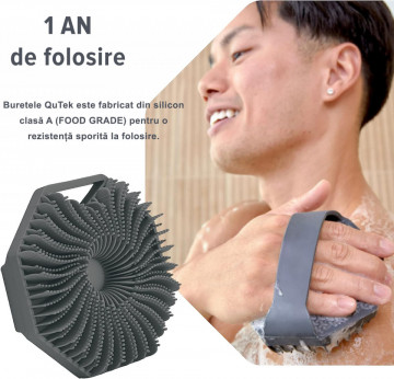 Perie de corp QuTek din silicon gri, ecologică, pentru exfolierea pielii sensibile, cu spumă densă.