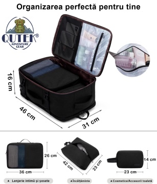 Rucsac de călătorie 30L, bagaj de cabină avion, tip troller, compatibil laptop 15.6”, unisex, negru, QUTEK - Img 3