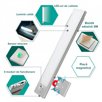 Set 2 lampi LED inteligenta cu senzor QuTek®, portabila, senzor miscare si mana, acumulator, din aluminiu, 2 moduri lucru, 32cm, argintiu - Img 5