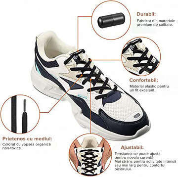 Sireturi Elastice cu sistem NO TOUCH cu Capsula Metalica, Qutek, Rotunde, Negru - Img 6