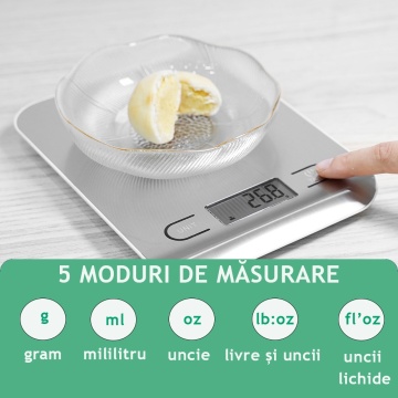 Cântar de Bucătărie Smart 5kg Digital cu Bluetooth, Aplicație Nutridays, Precizie 1g, Oțel Inoxidabil, LCD, Auto On/Off – Cântar Nutrițional pentru Gătit, Dietă, Cafea – Certificat CE/RoHS - Img 5