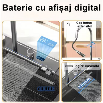 Chiuveta multifunctionala cascada, robinet extensibil, tocator, cuva, strecuratoare, modul spalare pahare, dozator sapun, robinet apa filtrata, afisaj digital temperatura, culoare negru titan, dimensiune 750x450mm - Img 6