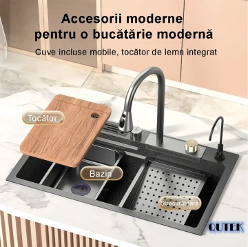 Chiuveta multifunctionala cascada, robinet extensibil, tocator, cuva, strecuratoare, modul spalare pahare, dozator sapun, robinet apa filtrata, culoare negru titan, dimensiune 750x450mm - Img 3