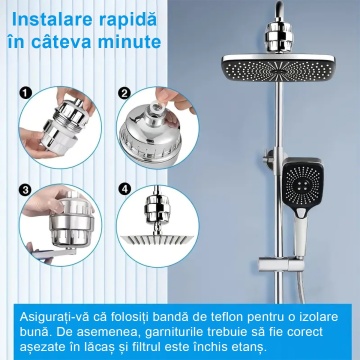 Filtru de apa premium QUTEK® pentru para de dus cu 20 stagii de filtrare, infuzie de minerale si Vitamina C, elimina Clorul, metalele grele, impuritatile si mirosurile neplacute, purificator apa de baie, usor de instalat, accesorii montare, 5500 litri - Img 6