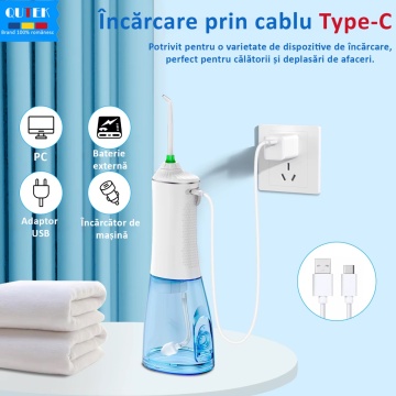 Irigator Bucal tip Dus Bucal Portabil, QUTEK® SMILE, Oral, Gura, 1400 pulsatii/min, baterie 2500mAh, 5 Programe, Timer 2 minute, Rezervor 300ml, 5 Duze incluse, Incarcare Type-C, Protectie supraincalzire, Materiale non-toxice, Alb - Img 2