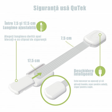 Set 10 Siguranțe pentru Copii și Bebeluși QUTEK, Blocator Multi-Suprafețe (Sertare, Uși, Frigider), Ajustabile, Adeziv 3M, Alb