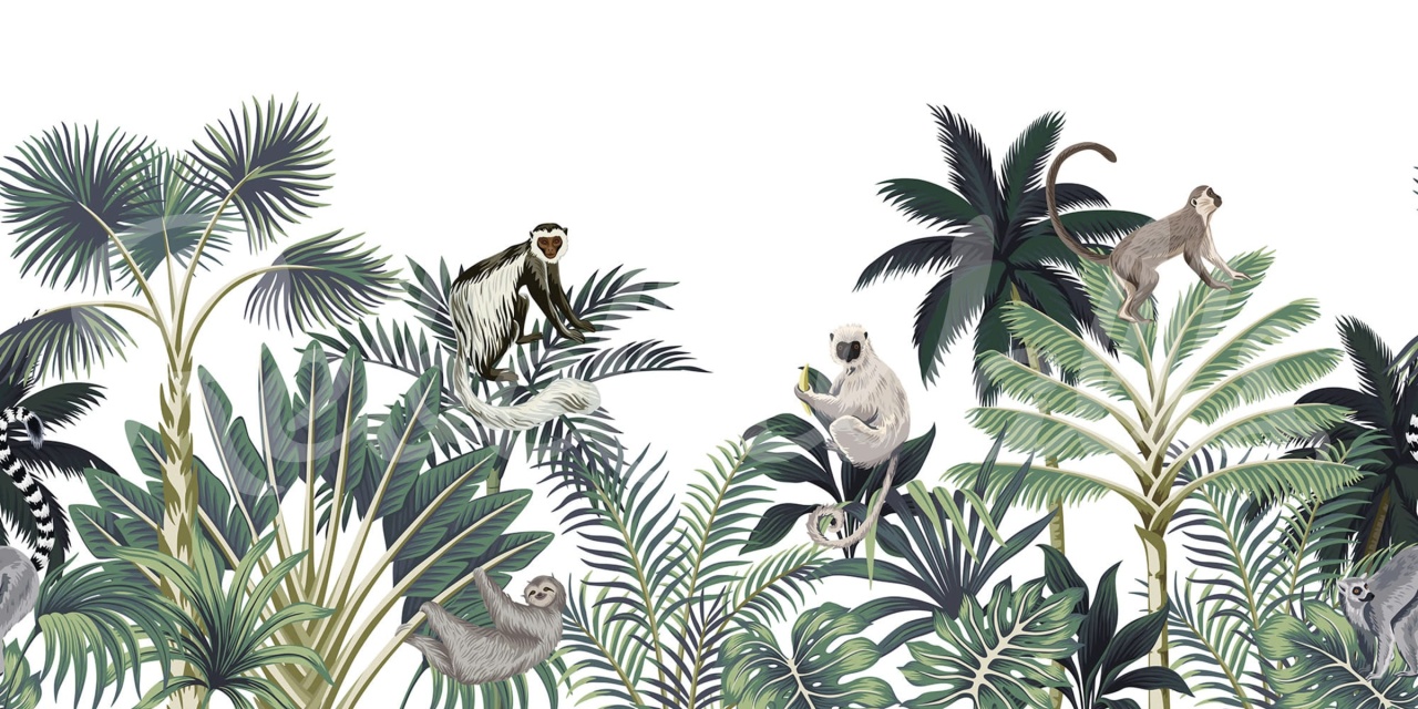 Fototapet, Jungle Monkeys, White, Rebel Walls - 2