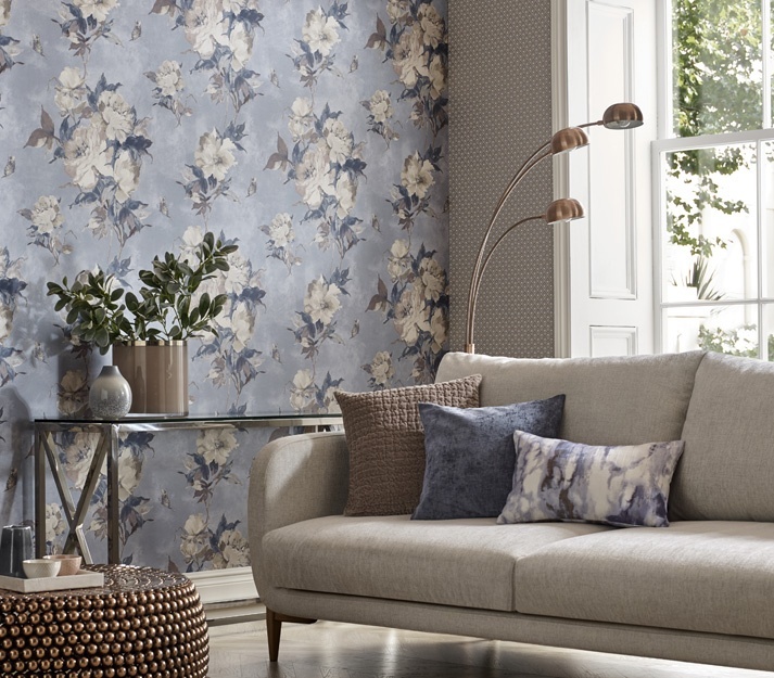 Madama Butterfly, Denim Blue Luxury Floral, 1838 Wallcoverings, 5.3mp / rola
