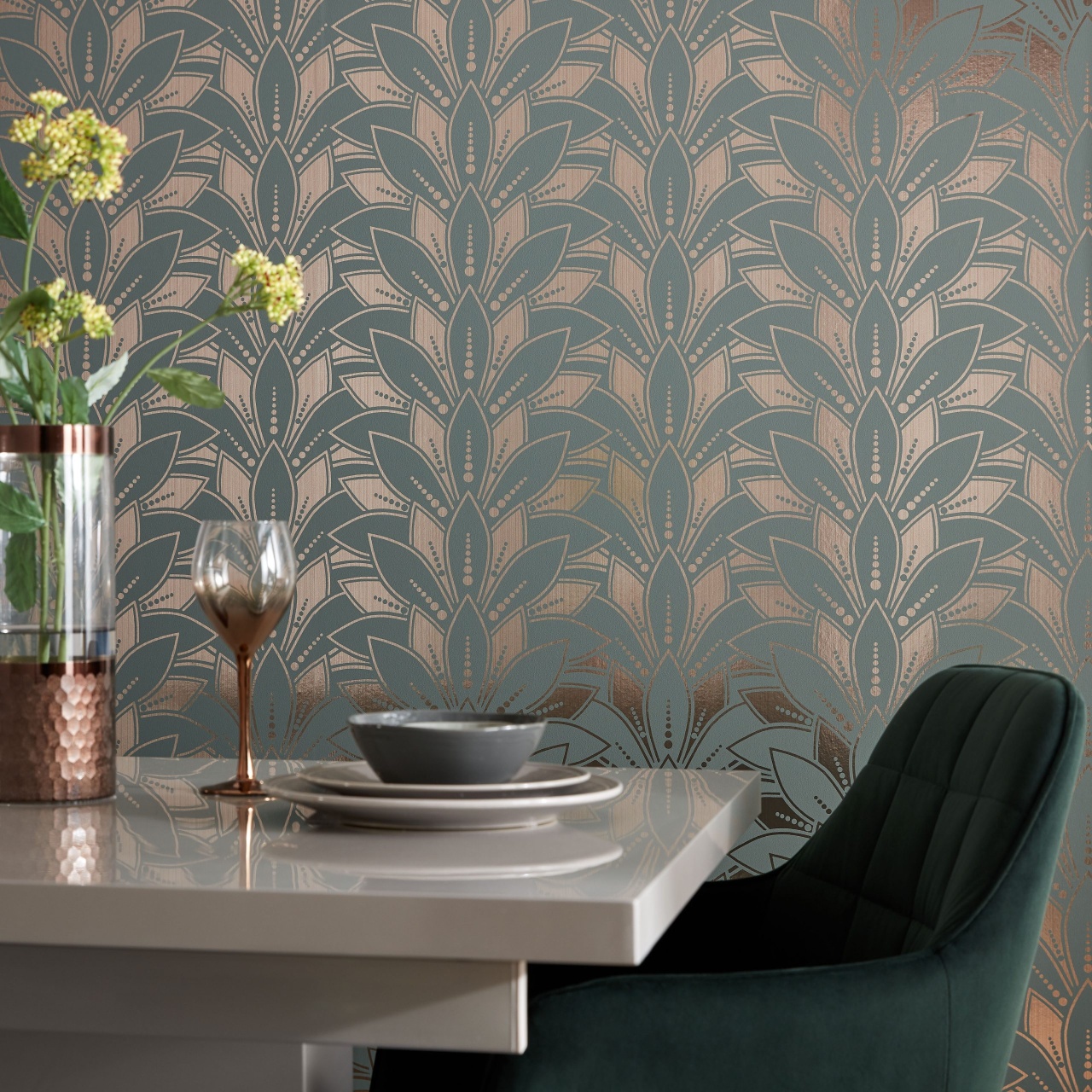 Tapet, Astoria, Neo Mint Green and Gold Luxury Foil, 1838 Wallcoverings, 5.3mp / rola