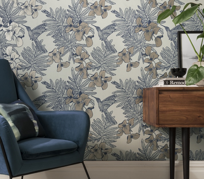 Tapet, Hummingbird, Lagoon Blue Luxury Floral, 1838 Wallcoverings, 5.3mp / rola