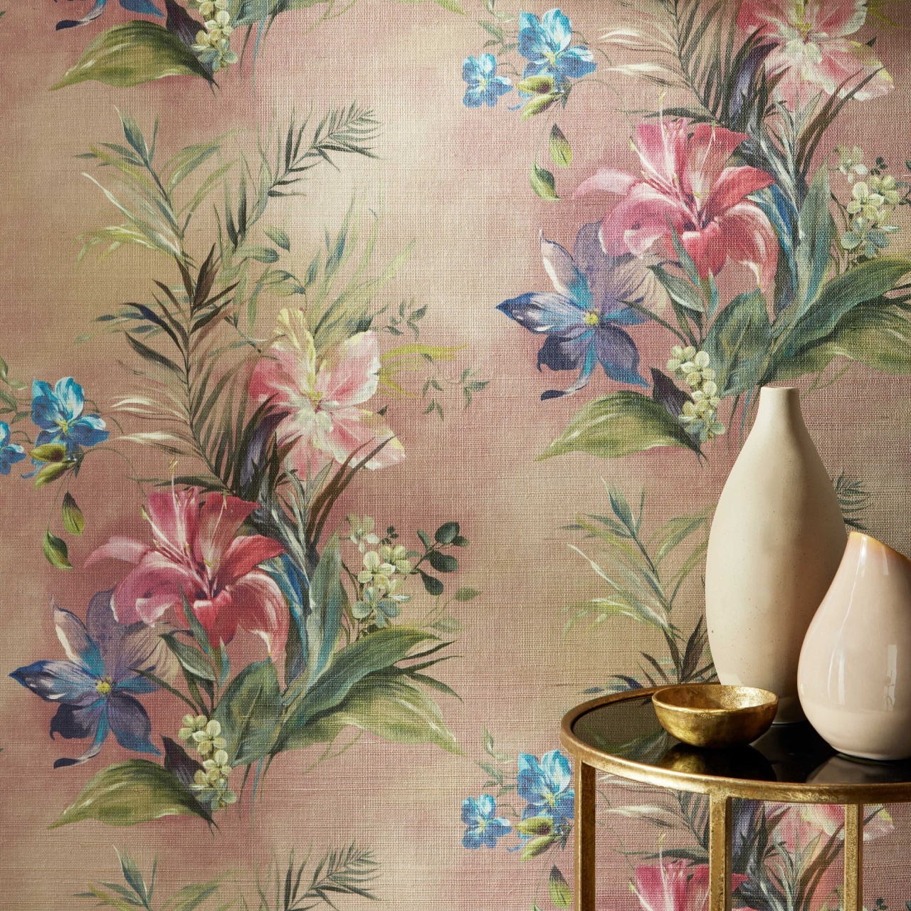 Tapet, Lilliana, Blush Pink Luxury Floral, Fibre naturale (Grasscloth), 1838 Wallcoverings, 5.1mp / rola