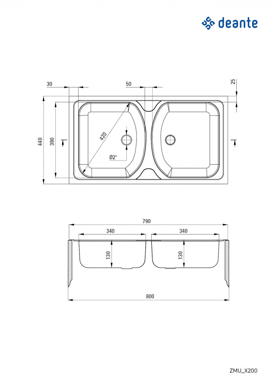 Chiuvetă din inox, 2-cuve, Techno, ZMU_0200 - 1 | YEO
