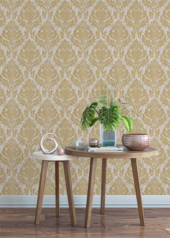 Tapet, Faversham, Natural Gold Luxury Flock, 1838 Wallcoverings, 5.3mp / rola