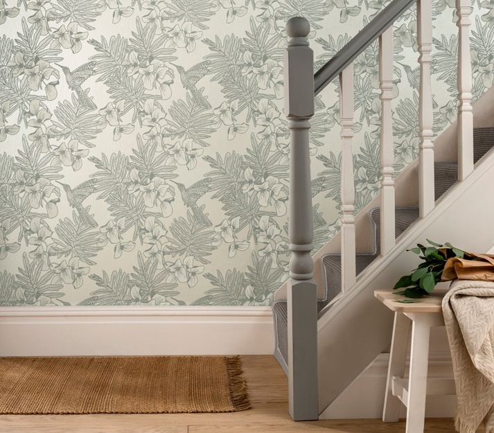 Tapet, Hummingbird, Mist Grey Luxury Floral, 1838 Wallcoverings, 5.3mp / rola