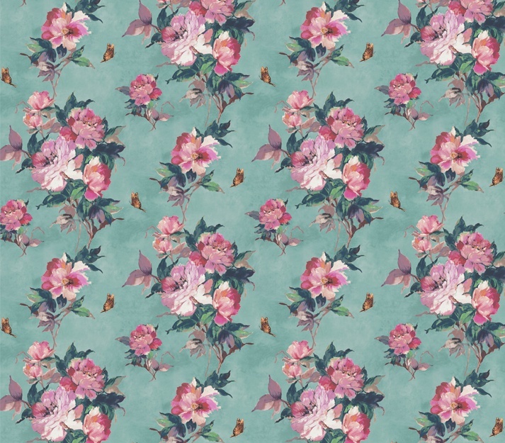 Tapet, Madama Butterfly, Teal Green Luxury Floral, 1838 Wallcoverings, 5.3mp / rola