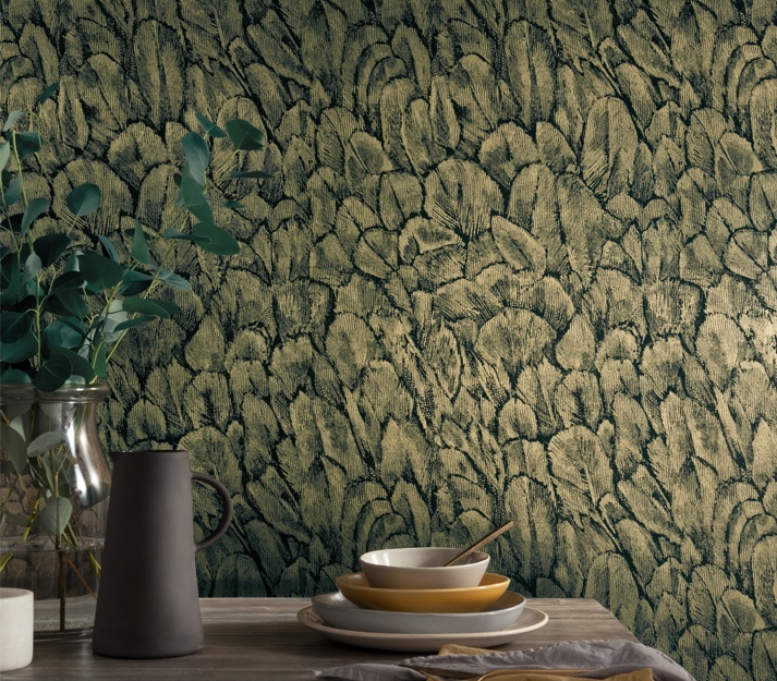 Tapet, Tranquil, Jet Black and Gold Foil Luxury Feather, 1838 Wallcoverings, 5.3mp / rola