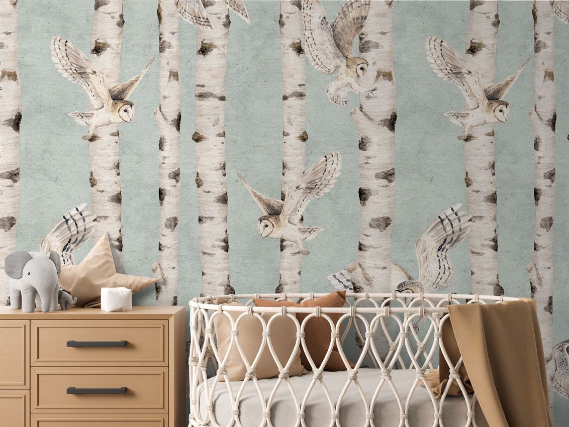 Fototapet Birch and Owls - Blue, Kikki Belle