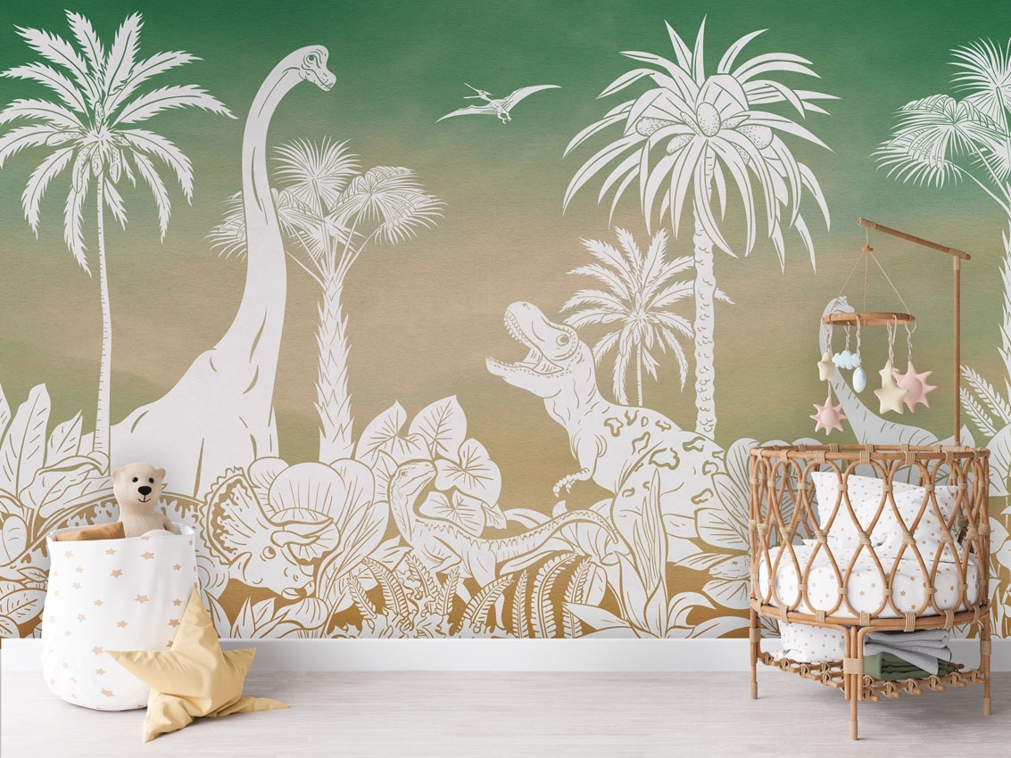 Fototapet Monochrome Dino - Green Sky, Kikki Belle