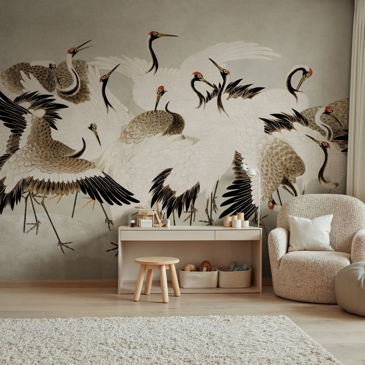 Fototapet, Dancing Cranes, Beige, Rebel Walls - 3