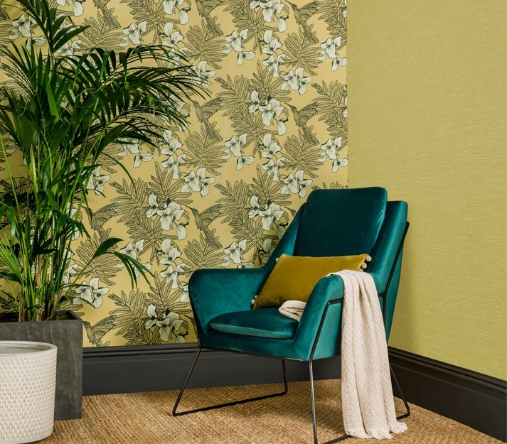 Hummingbird, Mustard Yellow Luxury Bird, 1838 Wallcoverings, 5.3mp / rola