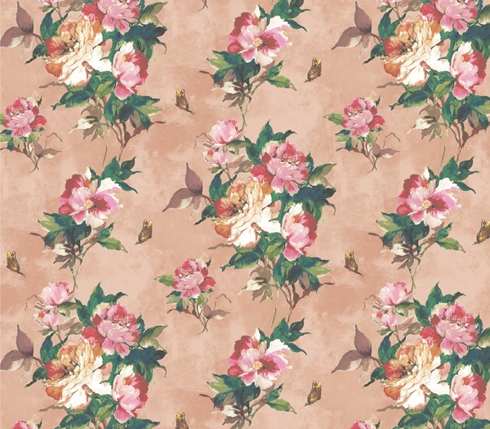 Tapet, Madama Butterfly, Coral Rose Luxury Floral, 1838 Wallcoverings, 5.3mp / rola