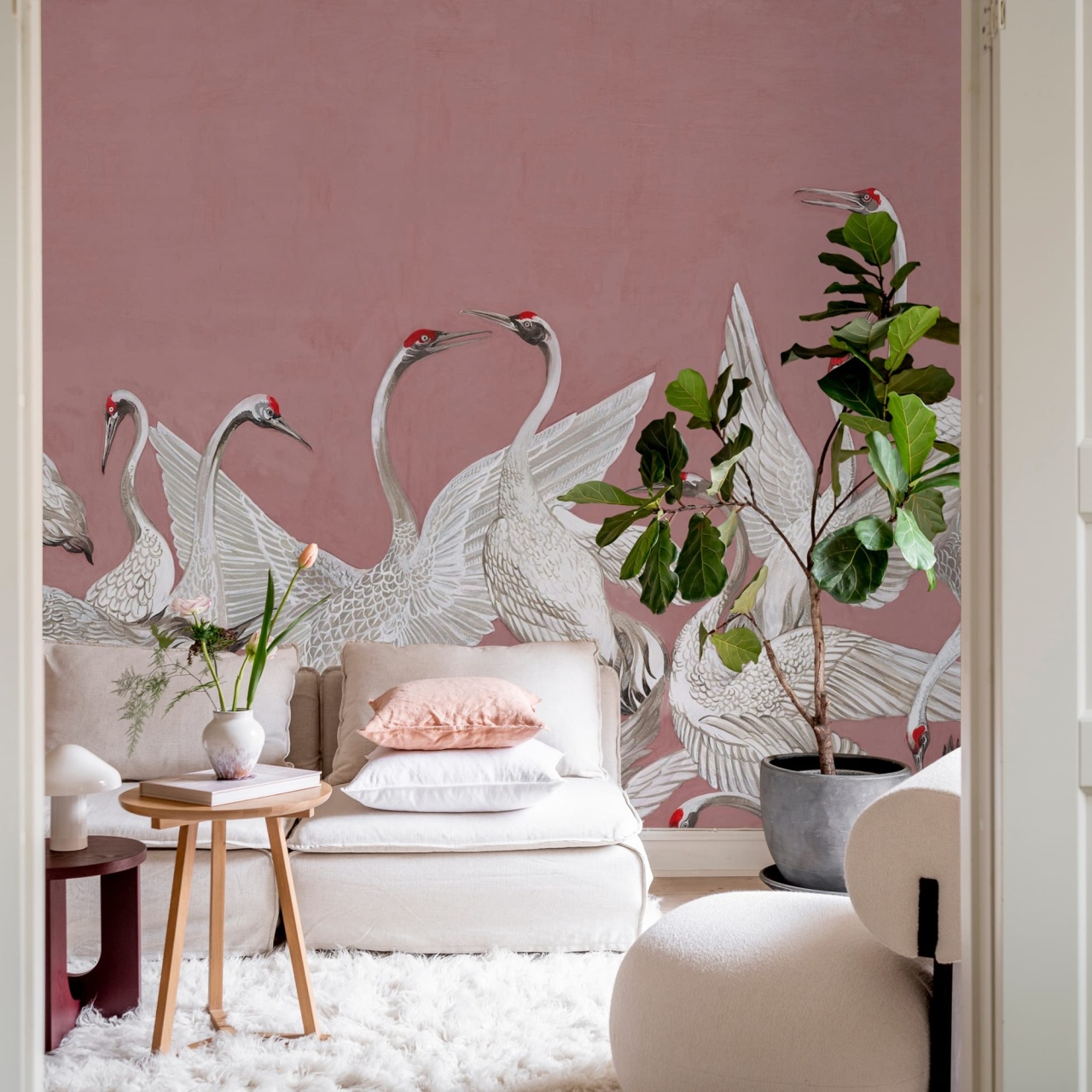 Fototapet, Soaring Cranes, Pink, Rebel Walls