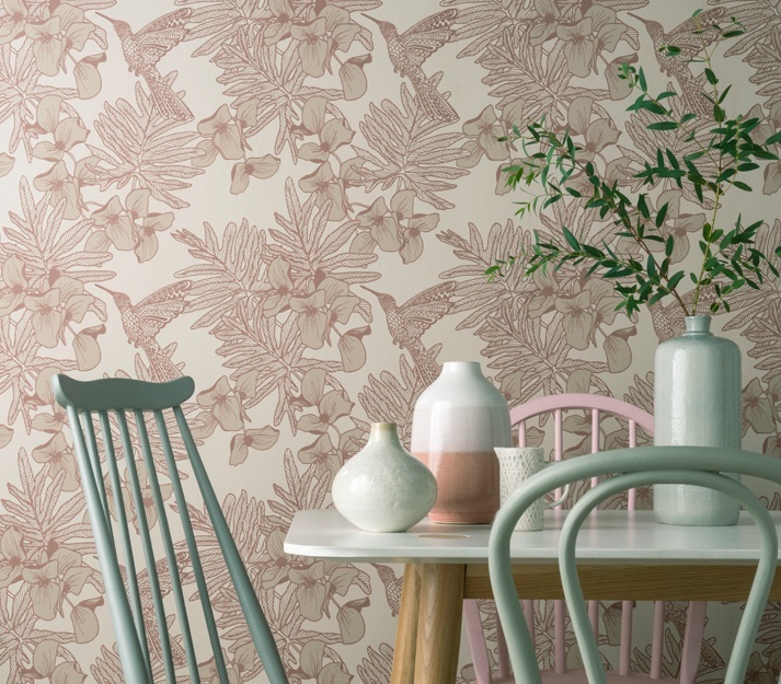 Hummingbird, Beach Pink Luxury Bird, 1838 Wallcoverings, 5.3mp / rola