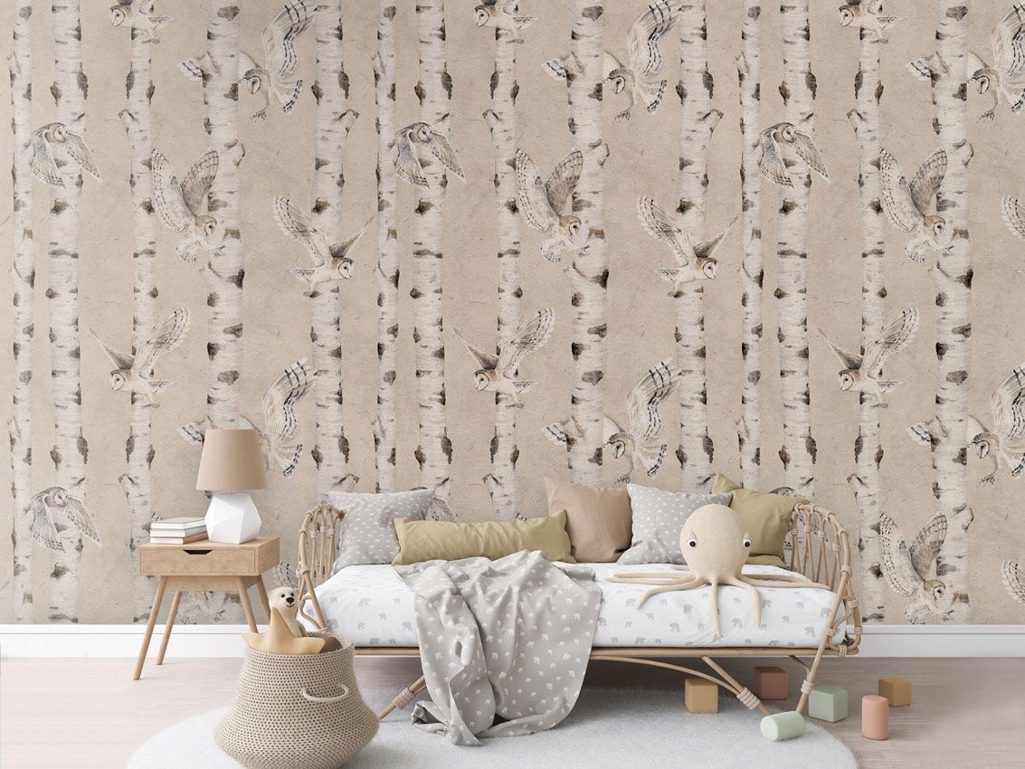 Fototapet Birch and Owls - Beige, Kikki Belle - 5