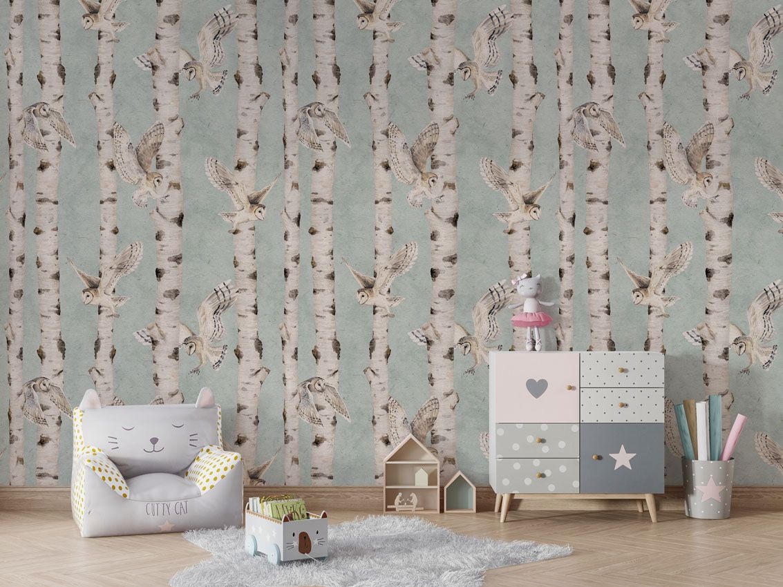 Fototapet Birch and Owls - Blue, Kikki Belle - 3