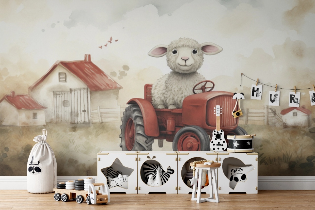 Fototapet copii, Little sheep on a tractor 009
