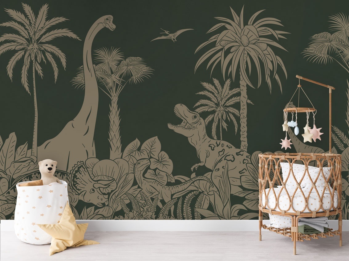 Fototapet Monochrome Dino - Green Vintage, Kikki Belle