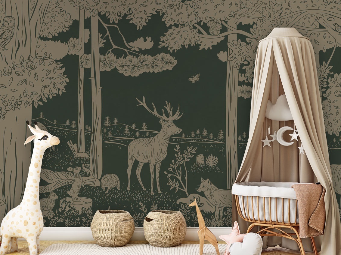 Fototapet Monochrome Forest - Green Vintage, Kikki Belle
