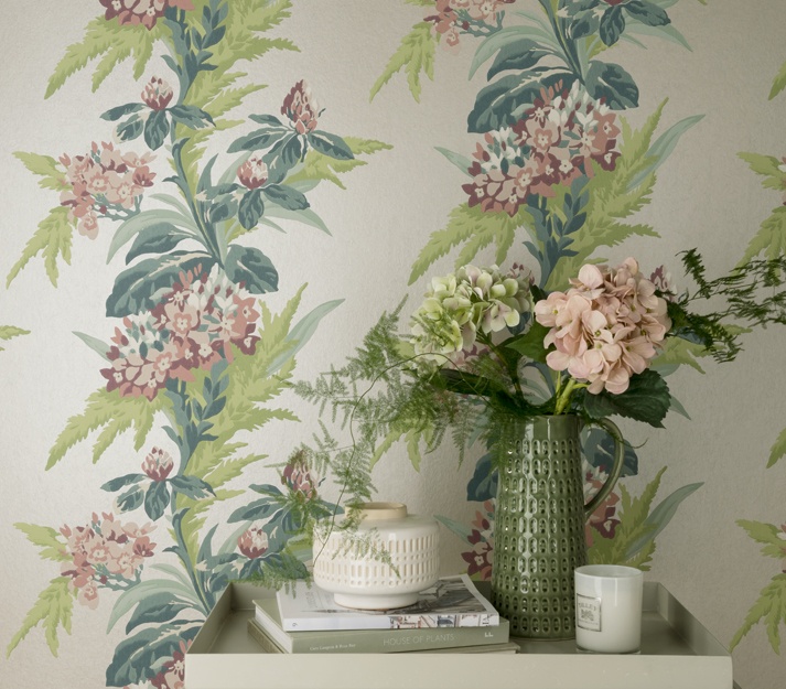 Tapet, Aurora, Moss Green and Pink Luxury Floral, 1838 Wallcoverings, 5.3mp / rola