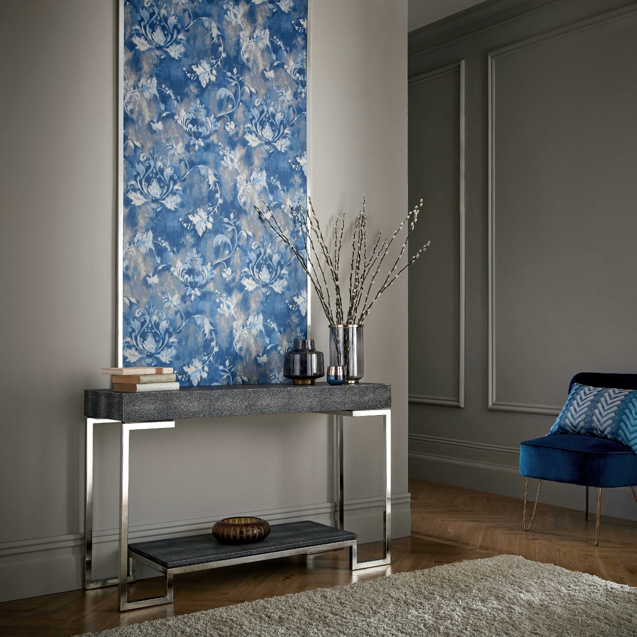 Tapet, Ornamenta, Indigo Blue Luxury Damask, 1838 Wallcoverings, 5.3mp / rola