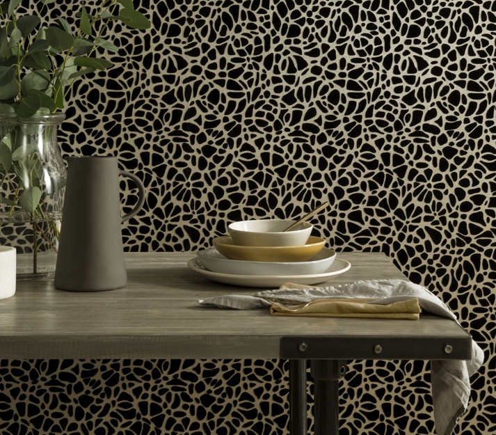 Tapet, Pebble, Jet Black Luxury Flock, 1838 Wallcoverings, 5.3mp / rola