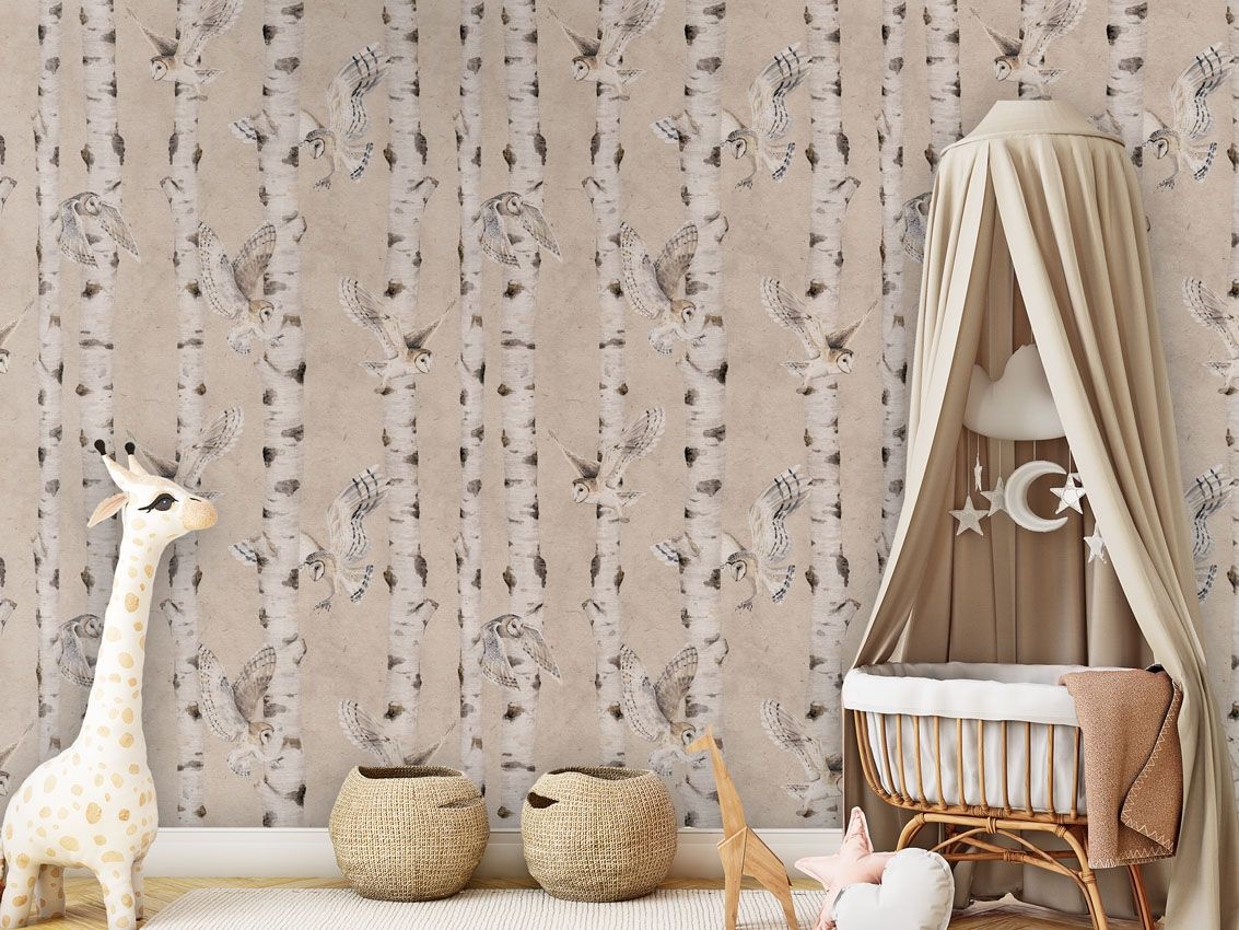 Fototapet Birch and Owls - Beige, Kikki Belle - 3