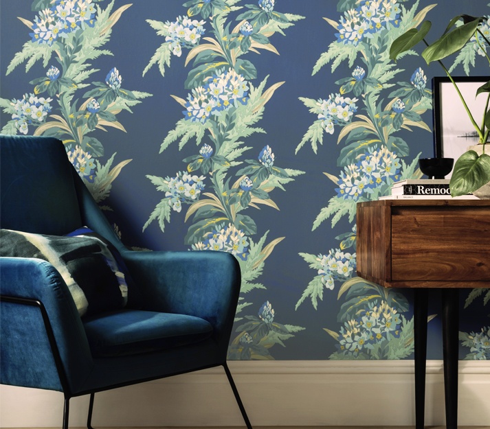 Tapet, Aurora, Lagoon Blue Luxury Floral, 1838 Wallcoverings, 5.3mp / rola