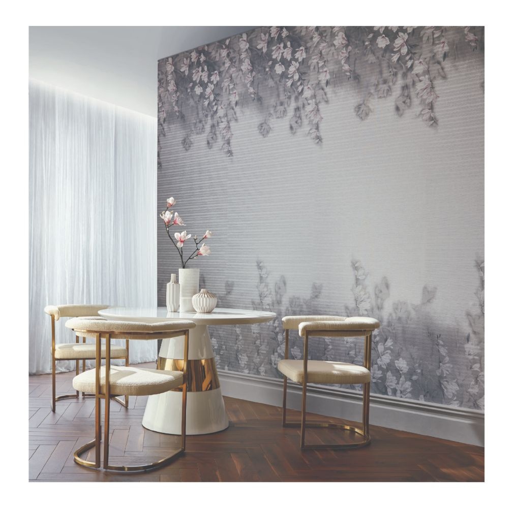 Tapet, Trailing Magnolia, Mist Grey Luxury Floral Paperweave, 1838 Wallcoverings, 5.2mp / rola